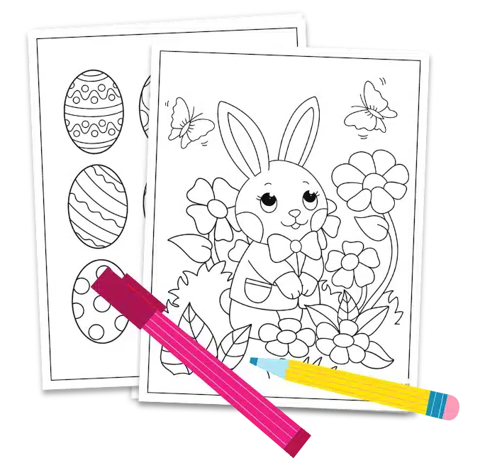 coloring pages of a bunny with eggs and flowers